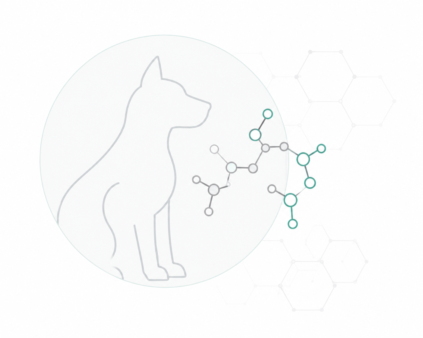 Peptide research illustration featuring a dog and molecular structure
